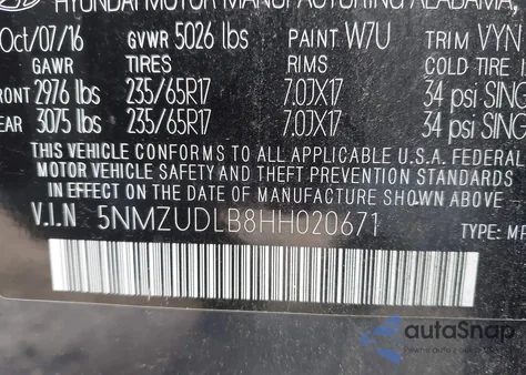 2017 Hyundai Santa Fe Sport 2.4L z USA, uszkodzony, nr VIN 5NMZUDLB8HH020671